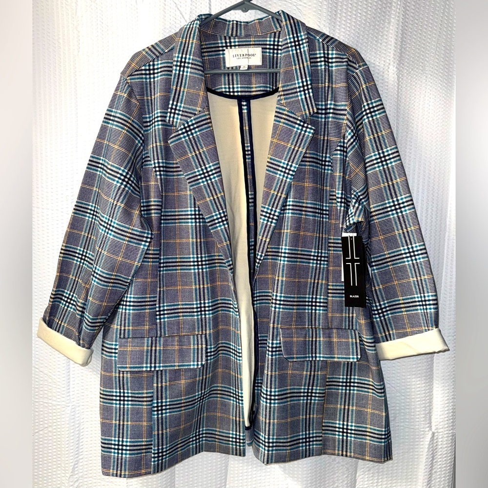 NWT Liverpool Boyfriend Blazer Royal Navy Glen Plaid 3X